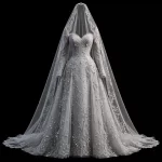 ExpensiveE  ExpensiveE  White Tropical Plumeria Floral Lace Mermaid Wedding Gown with Pleated Front and Veil - ExpensiveE Bridal Edition