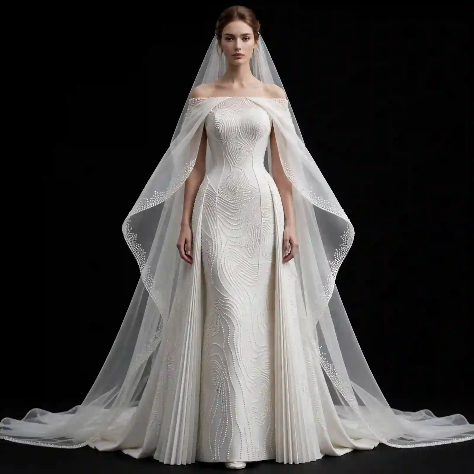 ExpensiveE ExpensiveE White Twisted Drape Vine Interlace Sweetheart Cape Mermaid Wedding Gown with Veil - ExpensiveE Bridal Edition
