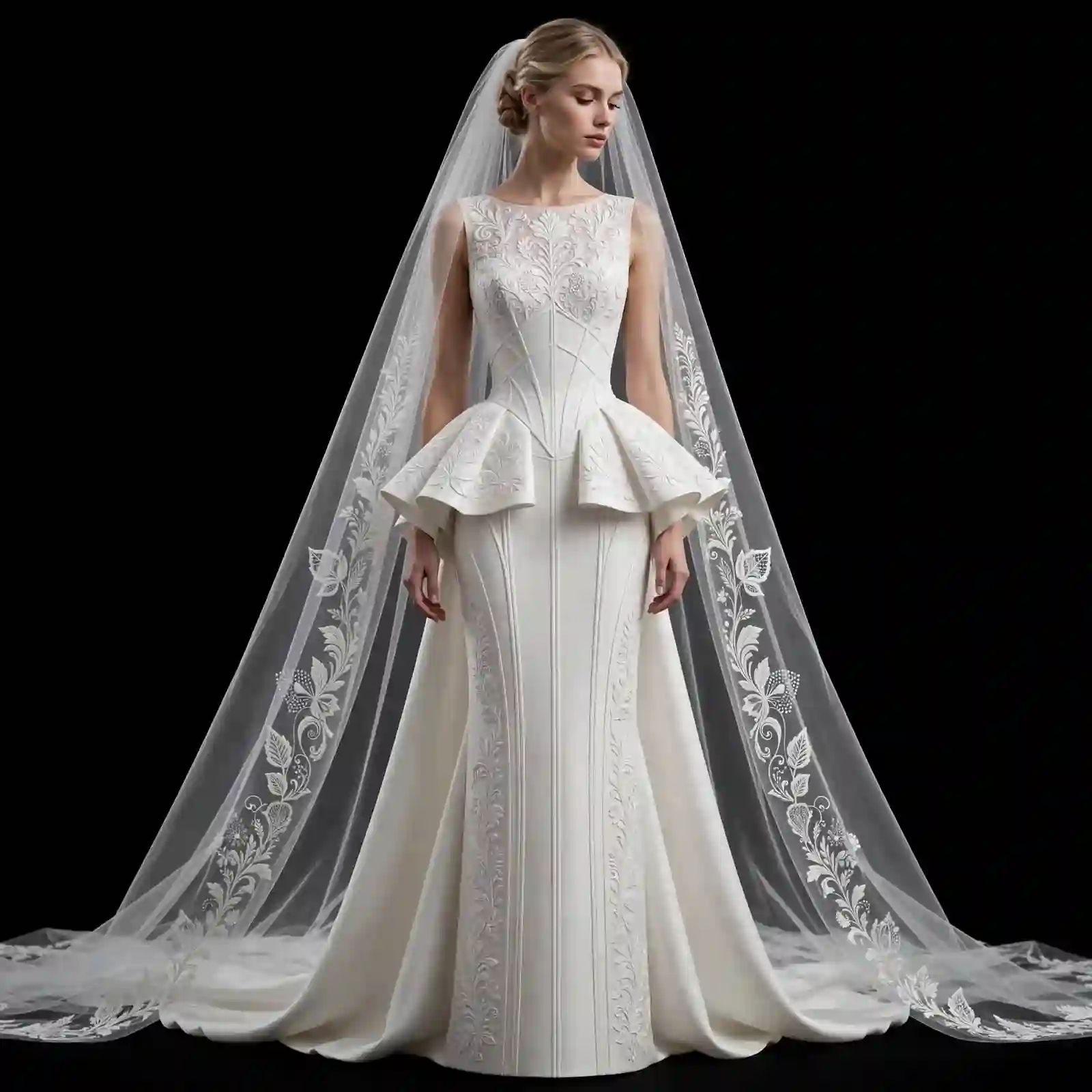 ExpensiveE ExpensiveE White Floral Lattice Grid Draped Halter Cape Mermaid Wedding Gown with Cathedral Veil - ExpensiveE Bridal Edition