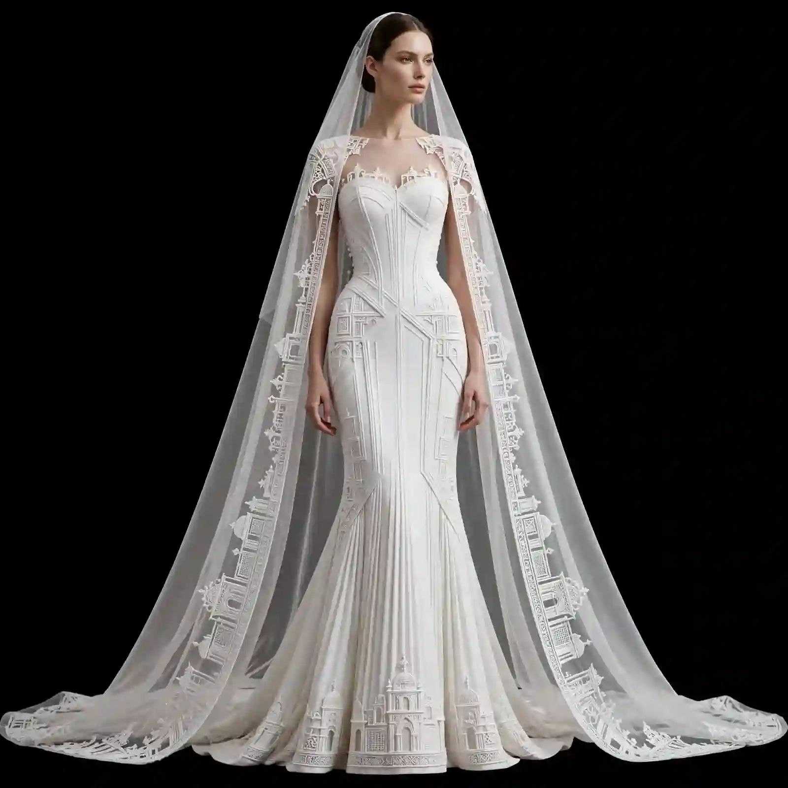 ExpensiveE White Palace Architecture Cathedral Mosaic Mermaid Wedding Gown with Palace Veil