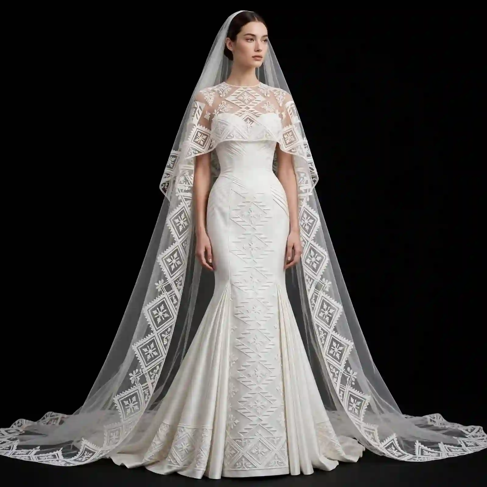 ExpensiveE White Nordic Snowflake Diamond Lattice Mermaid Wedding Gown with Snowflake Cape Veil
