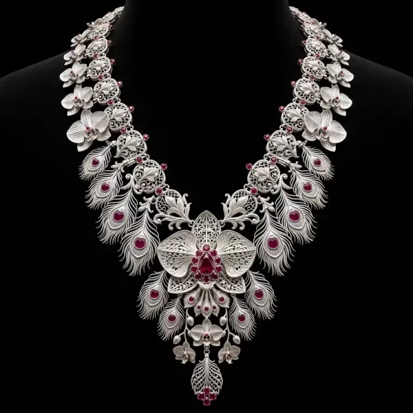 Peacock Feather Orchid White Gold Ruby Necklace - White Gold Orchid Peacock Feather Ruby Filigree Lotus