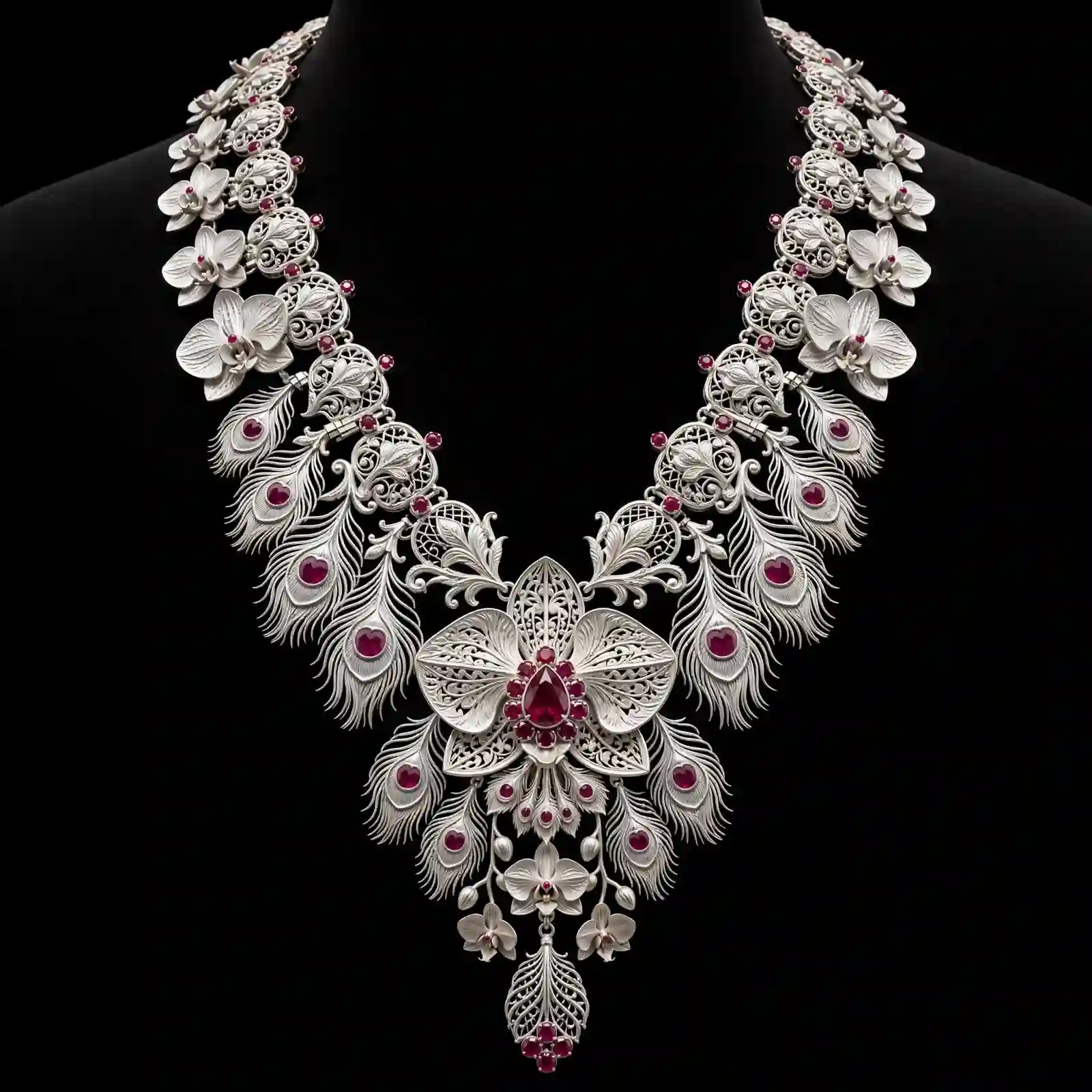 Peacock Feather Orchid White Gold Ruby Necklace - White Gold Orchid Peacock Feather Ruby Filigree Lotus