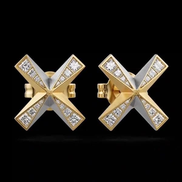 Pyramid EX X Two Tone Gold Princess Diamond Stud Earrings